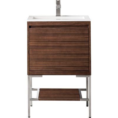 James Martin Mantova 23.6 inch Single Vanity, Mid-Century Walnut, Brushed Nickel Base w/ Glossy White Composite Stone Top, 840108962080, 805-V23.6-W-BN-GW