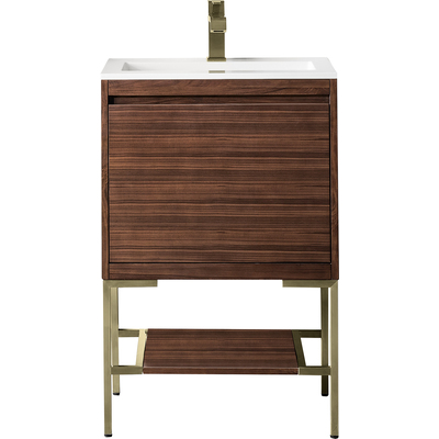 James Martin Mantova 23.6 inch Single Vanity, Mid-Century Walnut, Champagne Brass Base w/ Glossy White Composite Stone Top, 840108962141, 805-V23.6-W-CB-GW