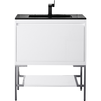 James Martin Mantova 31.5 inch Single Vanity, Glossy White, Brushed Nickel Base w/ Charcoal Black Composite Stone Top, 840108962172, 805-V31.5-GW-BN-CH