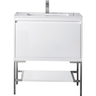James Martin Mantova 31.5 inch Single Vanity, Glossy White, Brushed Nickel Base w/ Glossy White Composite Stone Top, 840108962189, 805-V31.5-GW-BN-GW