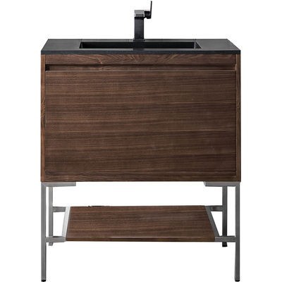James Martin Mantova 31.5 inch Single Vanity, Mid-Century Walnut, Brushed Nickel Base w/ Charcoal Black Composite Stone Top, 840108962271, 805-V31.5-W-BN-CH