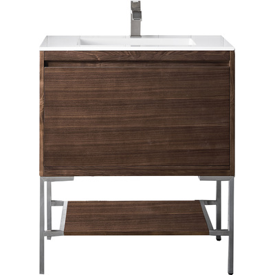 James Martin Mantova 31.5 inch Single Vanity, Mid-Century Walnut, Brushed Nickel Base w/ Glossy White Composite Stone Top, 840108962288, 805-V31.5-W-BN-GW