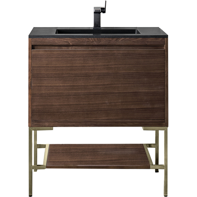 James Martin Mantova 31.5 inch Single Vanity, Mid-Century Walnut, Champagne Brass Base w/ Charcoal Black Composite Stone Top, 840108962332, 805-V31.5-W-CB-CH