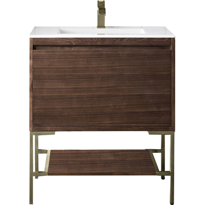 James Martin Mantova 31.5 inch Single Vanity, Mid-Century Walnut, Champagne Brass Base w/ Glossy White Composite Stone Top, 840108962349, 805-V31.5-W-CB-GW