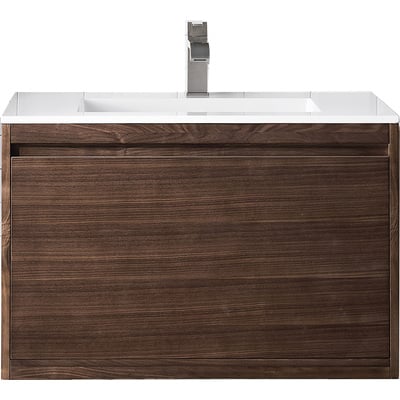 James Martin Mantova 31.5 inch Single Vanity, Mid-Century Walnut w/ Glossy White Composite Stone Top, 840108962301, 805-V31.5-WLT-GW