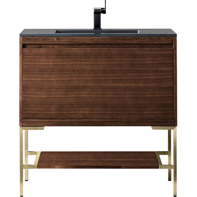 James Martin Mantova 35.4 inch Single Vanity, Mid-Century Walnut, Champagne Brass Base w/ Charcoal Black Composite Stone Top, 840108962530, 805-V35.4-W-CB-CH