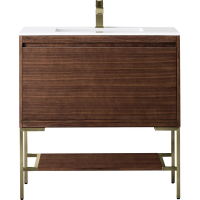 James Martin Mantova 35.4 inch Single Vanity, Mid-Century Walnut, Champagne Brass Base w/ Glossy White Composite Stone Top, 840108962547, 805-V35.4-W-CB-GW
