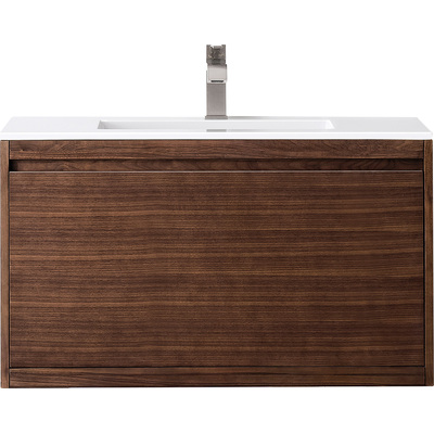 James Martin Mantova 35.4 inch Single Vanity, Mid-Century Walnut w/ Glossy White Composite Stone Top, 840108962509, 805-V35.4-WLT-GW