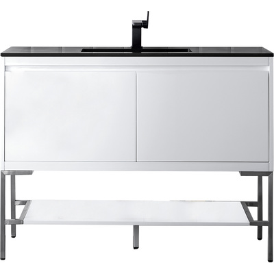 James Martin Mantova 47.3 inch Single Vanity, Glossy White, Brushed Nickel Base w/ Charcoal Black Composite Stone Top, 840108962578, 805-V47.3-GW-BN-CH