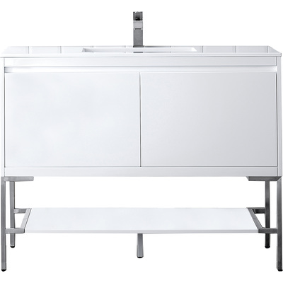 James Martin Mantova 47.3 inch Single Vanity, Glossy White, Brushed Nickel Base w/ Glossy White Composite Stone Top, 840108962585, 805-V47.3-GW-BN-GW
