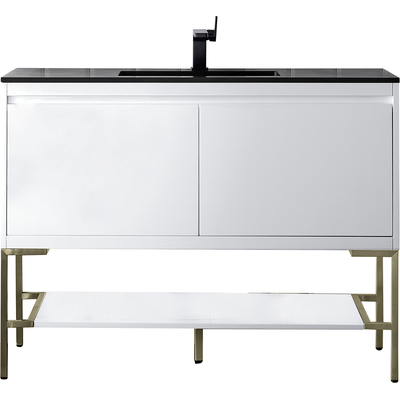 James Martin Mantova 47.3 inch Single Vanity, Glossy White, Champagne Brass Base w/ Charcoal Black Composite Stone Top, 840108962639, 805-V47.3-GW-CB-CH