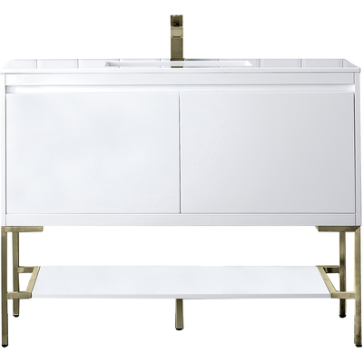 James Martin Mantova 47.3 inch Single Vanity, Glossy White, Champagne Brass Base w/ Glossy White Composite Stone Top, 840108962646, 805-V47.3-GW-CB-GW