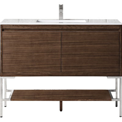 James Martin Mantova 47.3 inch Single Vanity, Mid-Century Walnut, Brushed Nickel Base w/ Glossy White Composite Stone Top, 840108962684, 805-V47.3-W-BN-GW