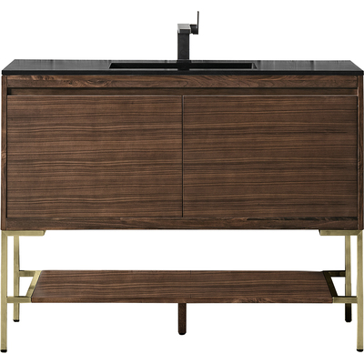 James Martin Mantova 47.3 inch Single Vanity, Mid-Century Walnut, Champagne Brass Base w/ Charcoal Black Composite Stone Top, 840108962738, 805-V47.3-W-CB-CH