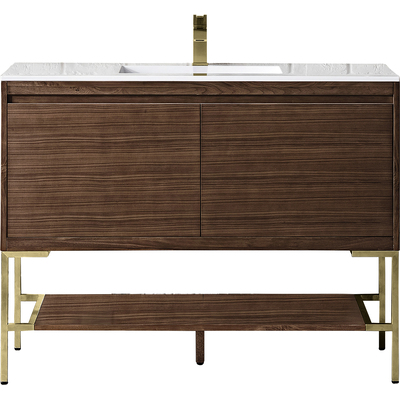 James Martin Mantova 47.3 inch Single Vanity, Mid-Century Walnut, Champagne Brass Base w/ Glossy White Composite Stone Top, 840108962745, 805-V47.3-W-CB-GW