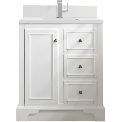 James Martin De Soto 30 inch Single Vanity, Bright White w/ Single Hole 3 CM White Zeus Quartz Top & Backsplash, 840108975721, 825-V30-BW-1WZ