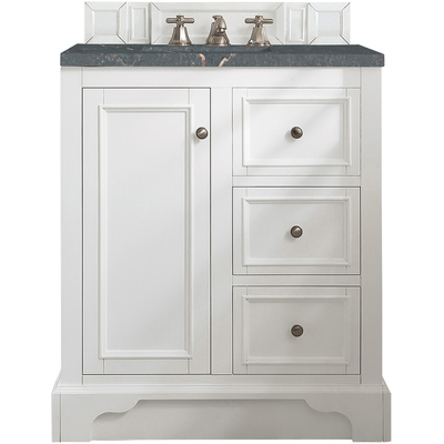 James Martin De Soto 30 inch Single Vanity, Bright White w/ 3 CM Parisien Bleu Quartz Top, 840108968433, 825-V30-BW-3PBL