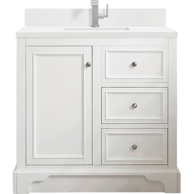 James Martin De Soto 36 inch Single Vanity, Bright White w/ Single Hole 3 CM White Zeus Quartz Top & Backsplash, 840108976056, 825-V36-BW-1WZ