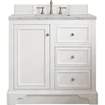 James Martin De Soto 36 inch Single Vanity, Bright White w/ 3 CM Victorian Silver Quartz Top, 840108966880, 825-V36-BW-3VSL