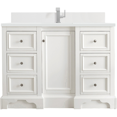 James Martin De Soto 48 inch Single Vanity, Bright White w/ Single Hole 3 CM White Zeus Quartz Top & Backsplash, 840108976421, 825-V48-BW-1WZ