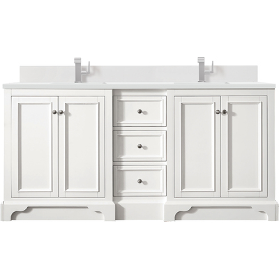 James Martin De Soto 72 inch Double Vanity, Bright White w/ Single Hole 3 CM White Zeus Quartz Top & Backsplash, 840108977251, 825-V72-BW-1WZ