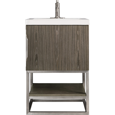 James Martin Columbia 24 inch Single Vanity, Ash Gray, Brushed Nickel w/ White Glossy Composite Stone Top, 840108963247, 883-V24-AG-BN-WG