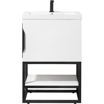 James Martin Columbia 24 inch Single Vanity, Glossy White, Matte Black w/ White Glossy Composite Stone Top, 840108963339, 883-V24-GW-MB-WG