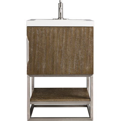 James Martin Columbia 24 inch Single Vanity, Latte Oak, Brushed Nickel w/ White Glossy Composite Stone Top, 840108963384, 883-V24-LO-BN-WG