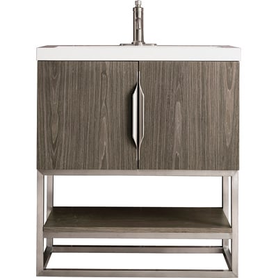 James Martin Columbia 31.5 inch Single Vanity, Ash Gray, Brushed Nickel, w/ White Glossy Composite Stone Top, 840108963452, 883-V31.5-AG-BN-WG