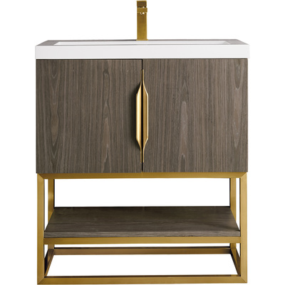 James Martin Columbia 31.5 inch Single Vanity, Ash Gray, Radiant Gold, w/ White Glossy Composite Stone Top, 840108963490, 883-V31.5-AG-RG-WG