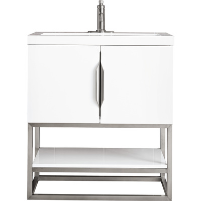 James Martin Columbia 31.5 inch Single Vanity, Glossy White, Brushed Nickel, w/ White Glossy Composite Stone Top, 840108963520, 883-V31.5-GW-BN-WG