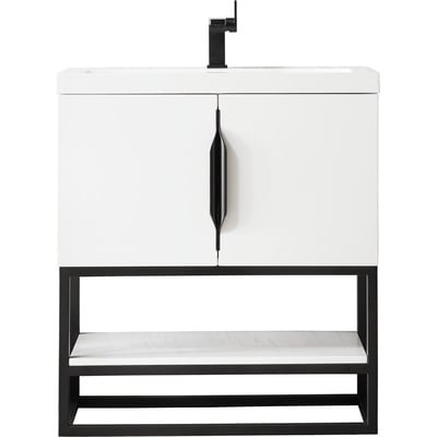 James Martin Columbia 31.5 inch Single Vanity, Glossy White, Matte Black, w/ White Glossy Composite Stone Top, 840108963544, 883-V31.5-GW-MB-WG