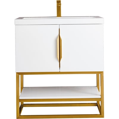 James Martin Columbia 31.5 inch Single Vanity, Glossy White, Radiant Gold, w/ White Glossy Composite Stone Top, 840108963568, 883-V31.5-GW-RG-WG