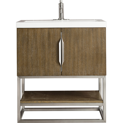 James Martin Columbia 31.5 inch Single Vanity, Latte Oak, Brushed Nickel, w/ White Glossy Composite Stone Top, 840108963599, 883-V31.5-LO-BN-WG
