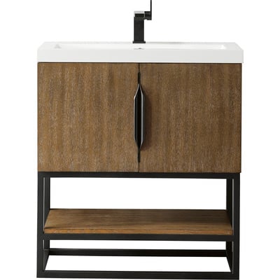 James Martin Columbia 31.5 inch Single Vanity, Latte Oak, Matte Black, w/ White Glossy Composite Stone Top, 840108963612, 883-V31.5-LO-MB-WG