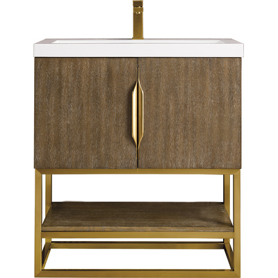 James Martin Columbia 31.5 inch Single Vanity, Latte Oak, Radiant Gold, w/ White Glossy Composite Stone Top, 840108963636, 883-V31.5-LO-RG-WG