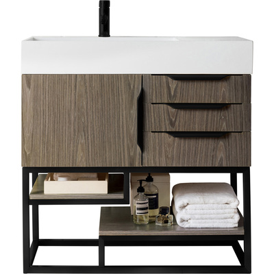 James Martin Columbia 36 inch Single Vanity, Ash Gray, Matte Black w/ Glossy White Composite Stone Top, 840108963681, 983-V36-AGR-MB-GW