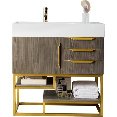 James Martin Columbia 36 inch Single Vanity, Ash Gray, Radiant Gold w/ Glossy White Composite Stone Top, 840108963704, 983-V36-AGR-RG-GW