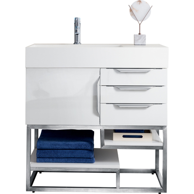 James Martin Columbia 36 inch Single Vanity, Glossy White, Brushed Nickel w/ Glossy White Composite Stone Top, 840108963728, 983-V36-GW-BN-GW