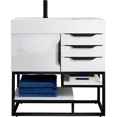 James Martin Columbia 36 inch Single Vanity, Glossy White, Matte Black w/ Glossy White Composite Stone Top, 840108963742, 983-V36-GW-MB-GW