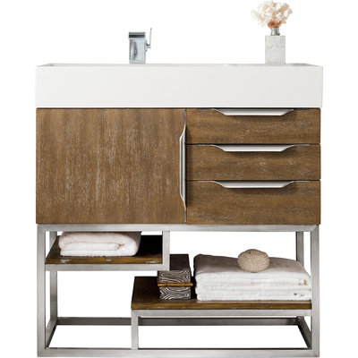 James Martin Columbia 36 inch Single Vanity, Latte Oak, Brushed Nickel w/ Glossy White Composite Stone Top, 840108963780, 983-V36-LTO-BN-GW