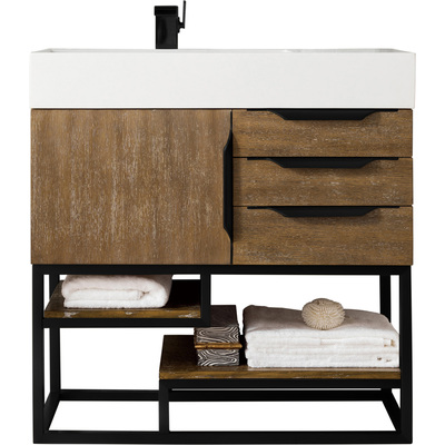 James Martin Columbia 36 inch Single Vanity, Latte Oak, Matte Black w/ Glossy White Composite Stone Top, 840108963803, 983-V36-LTO-MB-GW