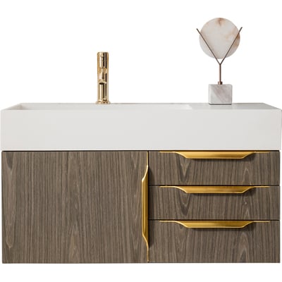 James Martin Columbia 36 inch Single Wall Mount Vanity, Ash Gray, Radiant Gold w/ Glossy White Composite Stone Top, 840108964572, 983-V36-W-AG-G-GW