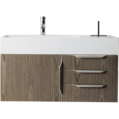 James Martin Columbia 36 inch Single Wall Mount Vanity, Ash Gray, Brushed Nickel w/ Glossy White Composite Stone Top, 840108964558, 983-V36-W-AG-N-GW