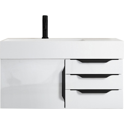 James Martin Columbia 36 inch Single Wall Mount Vanity, Glossy White, Matte Black w/ Glossy White Composite Stone Top, 840108964640, 983-V36-W-GW-B-GW