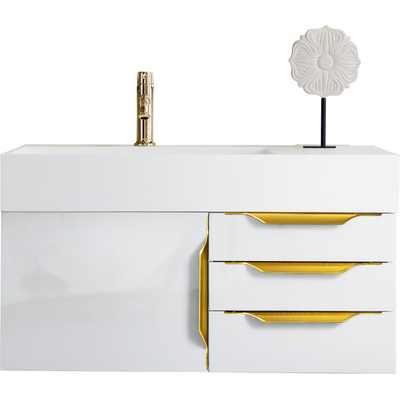 James Martin Columbia 36 inch Single Wall Mount Vanity, Glossy White, Radiant Gold w/ Glossy White Composite Stone Top, 840108964626, 983-V36-W-GW-G-GW