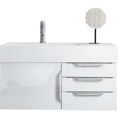 James Martin Columbia 36 inch Single Wall Mount Vanity, Glossy White, Brushed Nickel w/ Glossy White Composite Stone Top, 840108964602, 983-V36-W-GW-N-GW