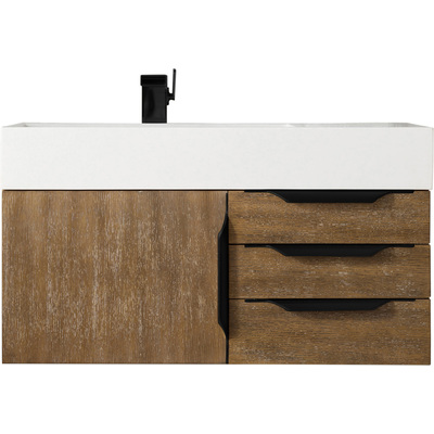 James Martin Columbia 36 inch Single Wall Mount Vanity, Latte Oak, Matte Black w/ Glossy White Composite Stone Top, 840108964695, 983-V36-W-LO-B-GW