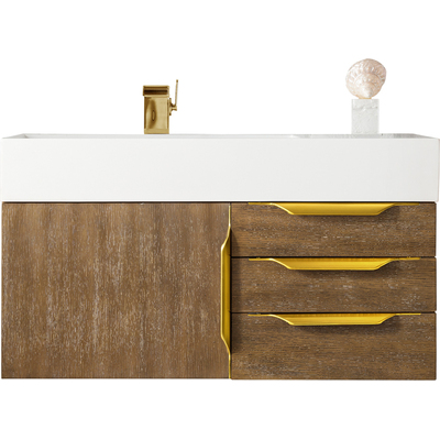 James Martin Columbia 36 inch Single Wall Mount Vanity, Latte Oak, Radiant Gold w/ Glossy White Composite Stone Top, 840108964671, 983-V36-W-LO-G-GW
