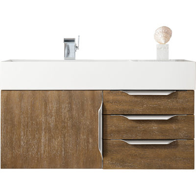 James Martin Columbia 36 inch Single Wall Mount Vanity, Latte Oak, Brushed Nickel w/ Glossy White Composite Stone Top, 840108964657, 983-V36-W-LO-N-GW